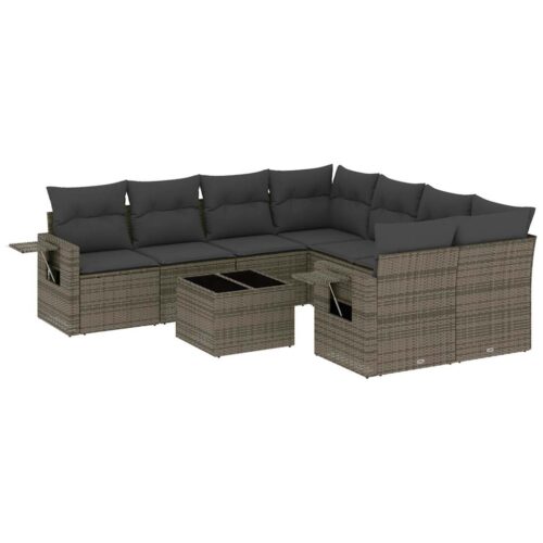 9-Piece Garden Sofa Set with Cushions Grey Poly Rattan Wicker Outdoor Patio Furniture - Image 5