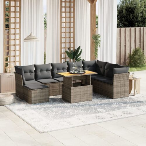 9-Piece Garden Sofa Set with Cushions Grey Poly Rattan Wicker Outdoor Patio Furniture - Image 2