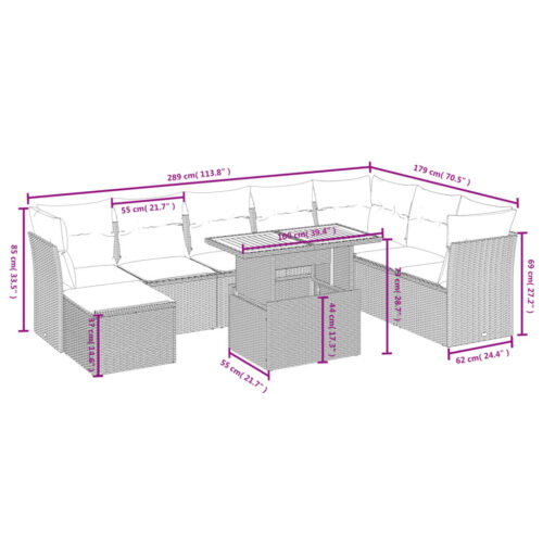 9-Piece Garden Sofa Set with Cushions Grey Poly Rattan Wicker Outdoor Patio Furniture - Image 4