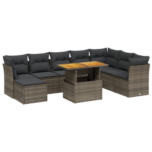 9-Piece Garden Sofa Set with Cushions Grey Poly Rattan Wicker Outdoor Patio Furniture - Image 6