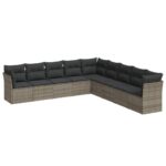 9-Piece Garden Sofa Set with Cushions Grey Poly Rattan Wicker Outdoor Patio Furniture