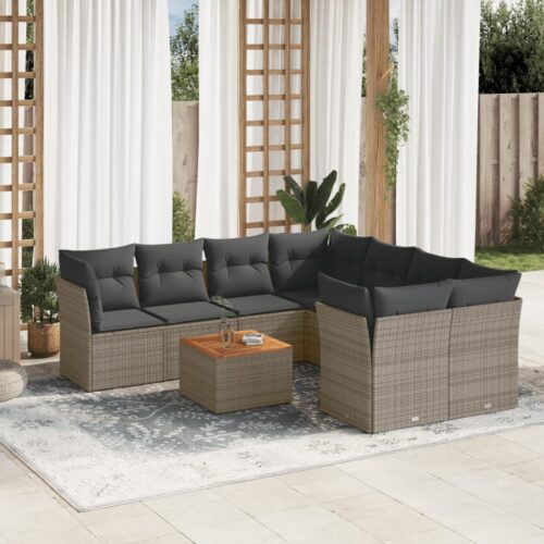 9-Piece Garden Sofa Set with Cushions Grey Poly Rattan Wicker Outdoor Patio Furniture - Image 2