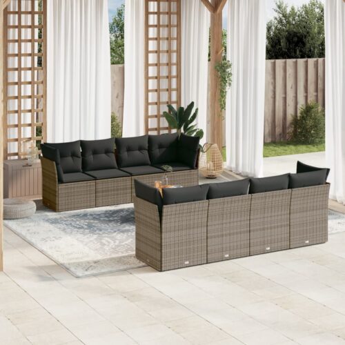 9-Piece Garden Sofa Set with Cushions Grey Poly Rattan Wicker Outdoor Patio Furniture - Image 2