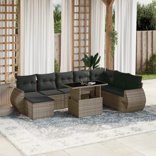 9-Piece Garden Sofa Set with Cushions Grey Poly Rattan Wicker Outdoor Patio Furniture - Image 2