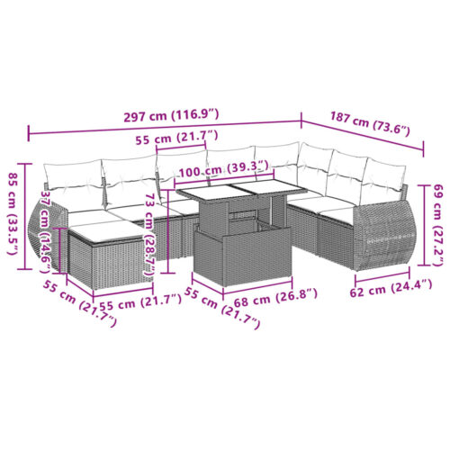 9-Piece Garden Sofa Set with Cushions Grey Poly Rattan Wicker Outdoor Patio Furniture - Image 11