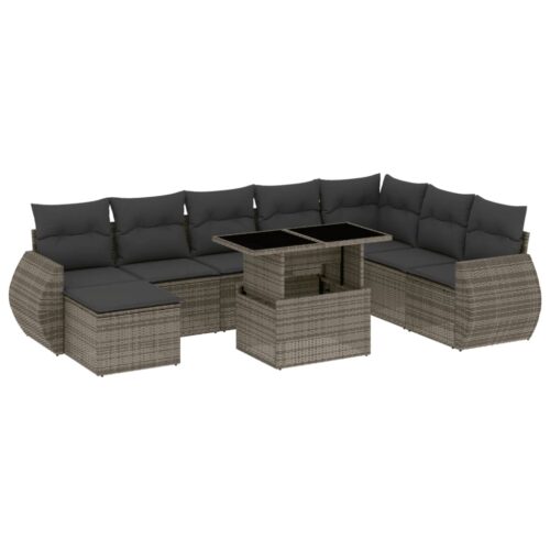 9-Piece Garden Sofa Set with Cushions Grey Poly Rattan Wicker Outdoor Patio Furniture - Image 13