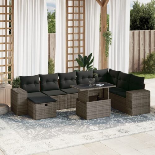 9 Piece Garden Sofa Set with Cushions Grey Poly Rattan - Image 2