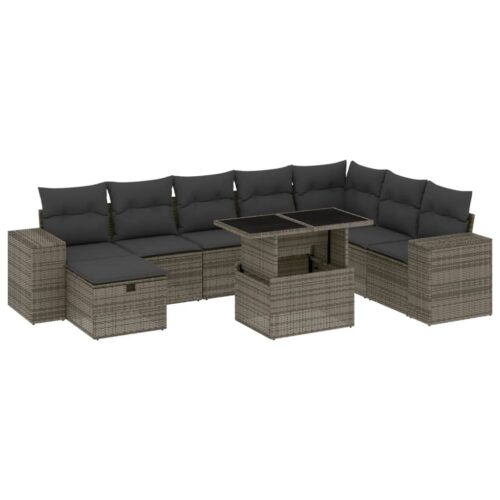 9 Piece Garden Sofa Set with Cushions Grey Poly Rattan - Image 13