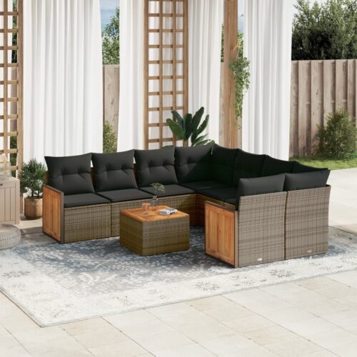 9-Piece Garden Sofa Set with Cushions Grey Poly Rattan Wicker Outdoor Patio Furniture - Image 2