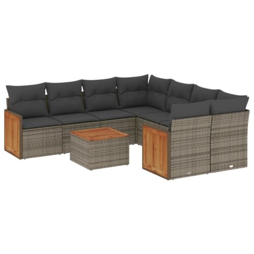 9-Piece Garden Sofa Set with Cushions Grey Poly Rattan Wicker Outdoor Patio Furniture - Image 5