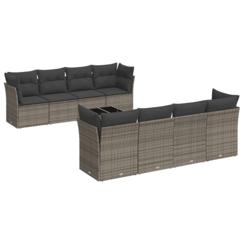 9-Piece Garden Sofa Set with Cushions Grey Poly Rattan Wicker Outdoor Patio Furniture