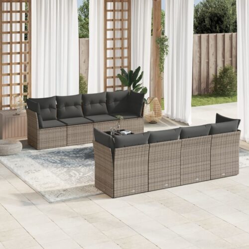 9-Piece Garden Sofa Set with Cushions Grey Poly Rattan Wicker Outdoor Patio Furniture - Image 2