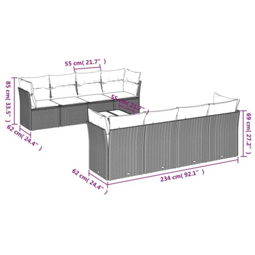 9-Piece Garden Sofa Set with Cushions Grey Poly Rattan Wicker Outdoor Patio Furniture - Image 3