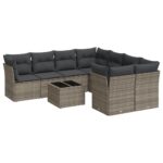 9-Piece Garden Sofa Set with Cushions Grey Poly Rattan Wicker Outdoor Patio Furniture