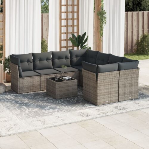 9-Piece Garden Sofa Set with Cushions Grey Poly Rattan Wicker Outdoor Patio Furniture - Image 2