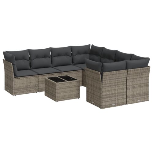 9-Piece Garden Sofa Set with Cushions Grey Poly Rattan Wicker Outdoor Patio Furniture - Image 5