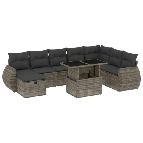 9-Piece Garden Sofa Set with Cushions Grey Poly Rattan Wicker Outdoor Patio Furniture - Image 13