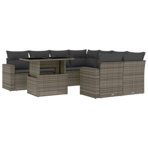 9-Piece Garden Sofa Set with Cushions Grey Poly Rattan Wicker Outdoor Patio Furniture