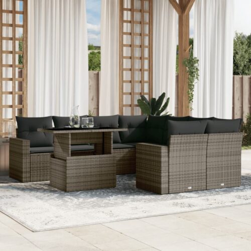 9-Piece Garden Sofa Set with Cushions Grey Poly Rattan Wicker Outdoor Patio Furniture - Image 2