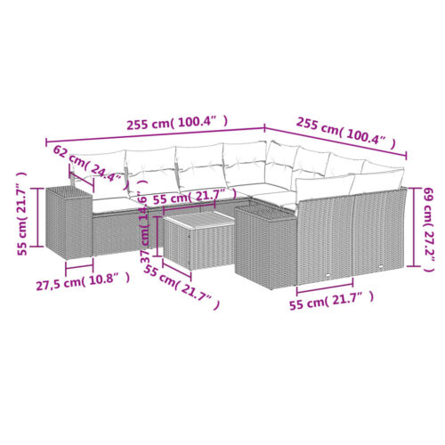 9-Piece Garden Sofa Set with Cushions Grey Poly Rattan Wicker Outdoor Patio Furniture - Image 3