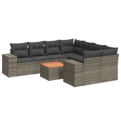 9-Piece Garden Sofa Set with Cushions Grey Poly Rattan Wicker Outdoor Patio Furniture - Image 5
