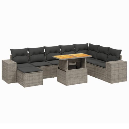 9-Piece Garden Sofa Set with Cushions Grey Poly Rattan Wicker Outdoor Patio Furniture