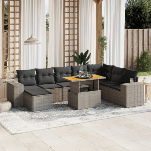 9-Piece Garden Sofa Set with Cushions Grey Poly Rattan Wicker Outdoor Patio Furniture - Image 2