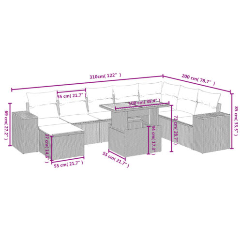 9-Piece Garden Sofa Set with Cushions Grey Poly Rattan Wicker Outdoor Patio Furniture - Image 4
