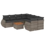 9-Piece Garden Sofa Set with Cushions Grey Poly Rattan Wicker Outdoor Patio Furniture