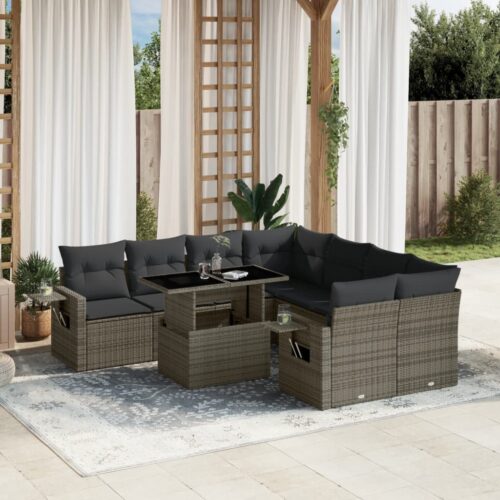 9-Piece Garden Sofa Set with Cushions Grey Poly Rattan Wicker Outdoor Patio Furniture - Image 2