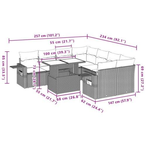 9-Piece Garden Sofa Set with Cushions Grey Poly Rattan Wicker Outdoor Patio Furniture - Image 11