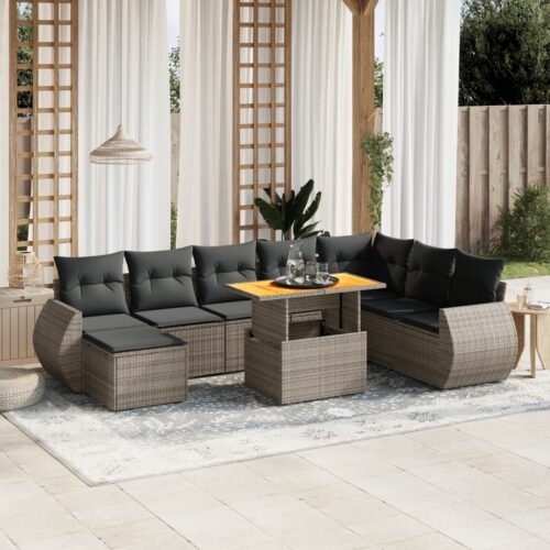 9-Piece Garden Sofa Set with Cushions Grey Poly Rattan Wicker Outdoor Patio Furniture - Image 2