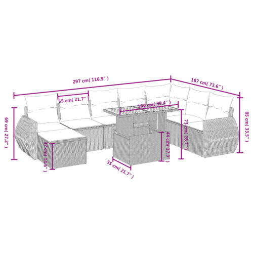 9-Piece Garden Sofa Set with Cushions Grey Poly Rattan Wicker Outdoor Patio Furniture - Image 4