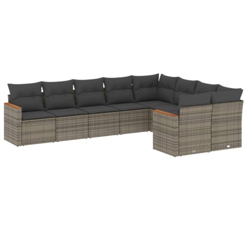 9-Piece Garden Sofa Set with Cushions Grey Poly Rattan Wicker Outdoor Patio Furniture