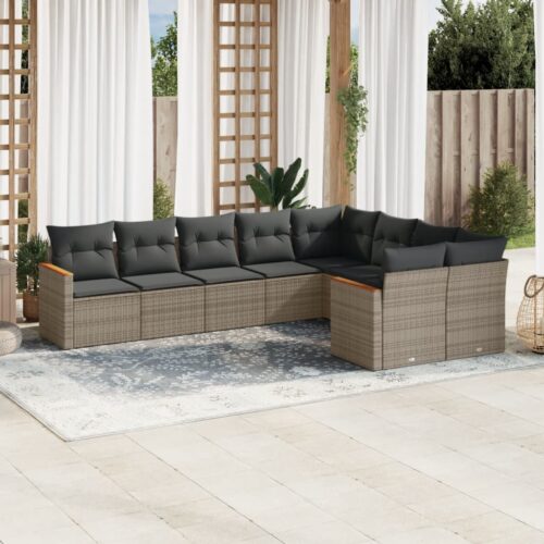 9-Piece Garden Sofa Set with Cushions Grey Poly Rattan Wicker Outdoor Patio Furniture - Image 2
