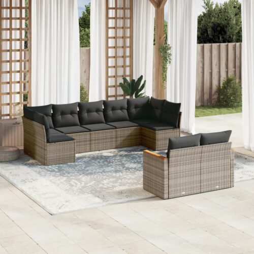 9-Piece Garden Sofa Set with Cushions Grey Poly Rattan Wicker Outdoor Patio Furniture - Image 2
