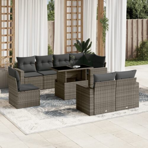 9-Piece Garden Sofa Set with Cushions Grey Poly Rattan Wicker Outdoor Patio Furniture - Image 2