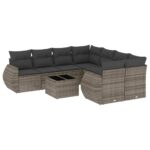 9-Piece Garden Sofa Set with Cushions Grey Poly Rattan Wicker Outdoor Patio Furniture
