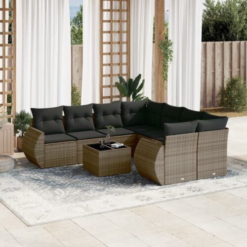 9-Piece Garden Sofa Set with Cushions Grey Poly Rattan Wicker Outdoor Patio Furniture - Image 2