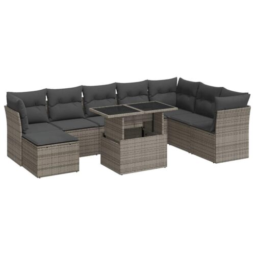 9-Piece Garden Sofa Set with Cushions Grey Poly Rattan Wicker Outdoor Patio Furniture