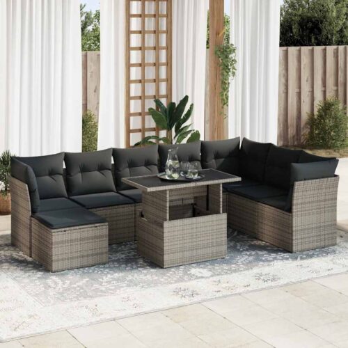 9-Piece Garden Sofa Set with Cushions Grey Poly Rattan Wicker Outdoor Patio Furniture - Image 2