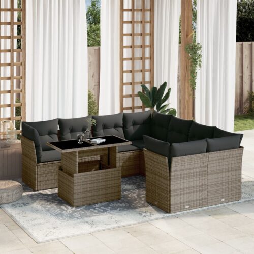 9-Piece Garden Sofa Set with Cushions Grey Poly Rattan Wicker Outdoor Patio Furniture - Image 2
