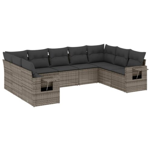 9-Piece Garden Sofa Set with Cushions Grey Poly Rattan Wicker Outdoor Patio Furniture