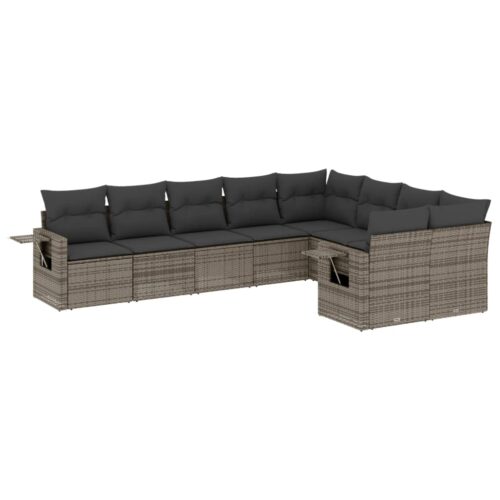 9-Piece Garden Sofa Set with Cushions Grey Poly Rattan Wicker Outdoor Patio Furniture
