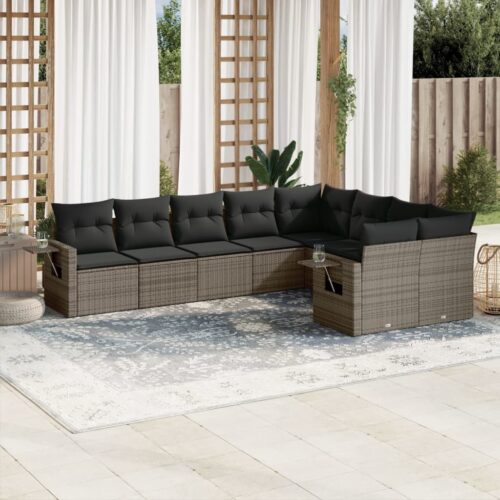 9-Piece Garden Sofa Set with Cushions Grey Poly Rattan Wicker Outdoor Patio Furniture - Image 2
