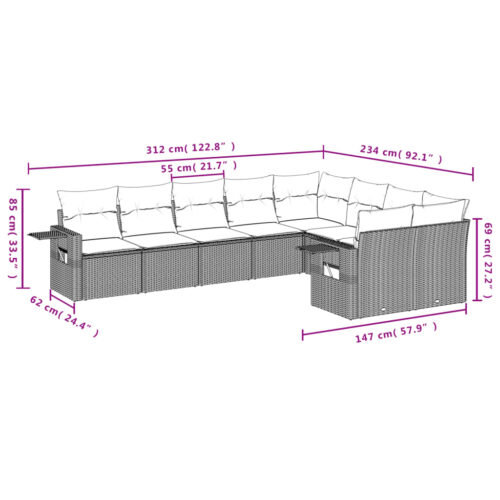 9-Piece Garden Sofa Set with Cushions Grey Poly Rattan Wicker Outdoor Patio Furniture - Image 3