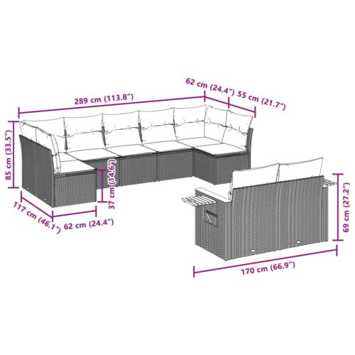 9-Piece Garden Sofa Set with Cushions Grey Poly Rattan Wicker Outdoor Patio Furniture - Image 3