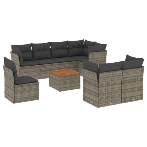 9-Piece Garden Sofa Set with Cushions Grey Poly Rattan Wicker Outdoor Patio Furniture