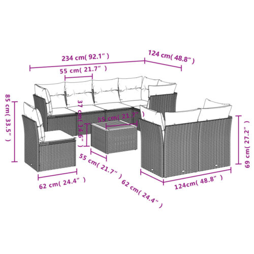 9-Piece Garden Sofa Set with Cushions Grey Poly Rattan Wicker Outdoor Patio Furniture - Image 10