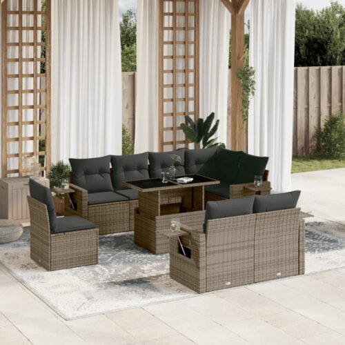 9-Piece Garden Sofa Set with Cushions Grey Poly Rattan Wicker Outdoor Patio Furniture - Image 2